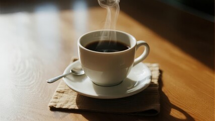 Fototapeta premium Steaming Cup of Coffee in Gentle Morning Light, Warm and Inviting Breakfast Scene