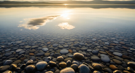 Serene Sunrise over a Crystal-Clear Lake with Pebbles and Mountain Reflections
