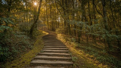Obraz premium Sunlit stone pathway winding through a lush forest