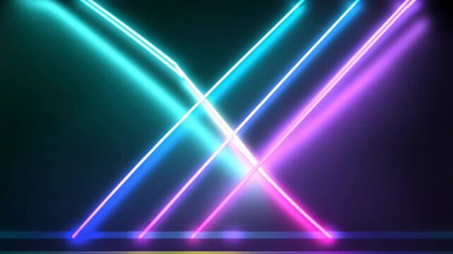 Vibrant neon light beams crossing against a dark background for futuristic visual effect