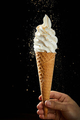 Hand holding ice cream cone with black background high speed photography