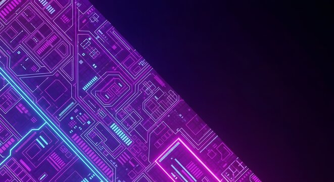 Abstract digital circuit board design with glowing neon lines and patterns. - Powered by Adobe