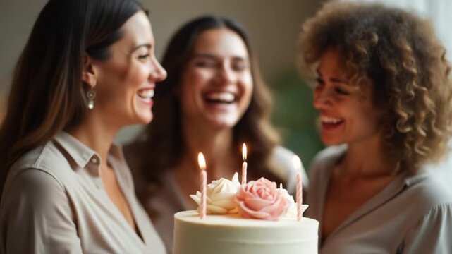 Handheld selective focus of cake as three women celebrate together. Share special moments together at home