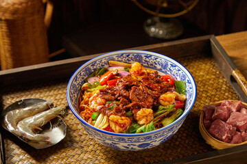 Spicy shrimp and beef noodles, a classic Chinese dish
