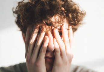 Young man covering his eyes with his hands, an emotional and sad