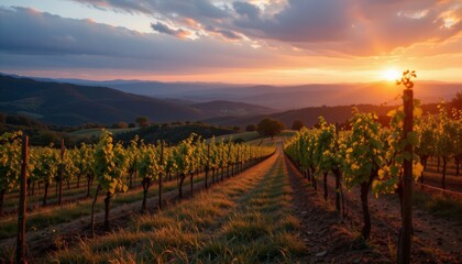 Naklejka premium Vineyard at Sunset, Scenic Landscape