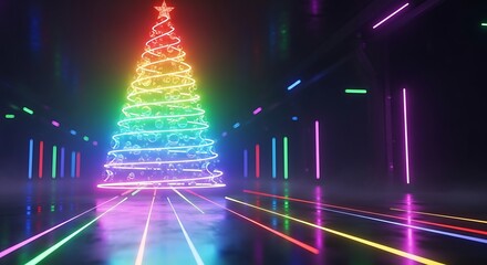A vibrant neon Christmas tree illuminates a futuristic corridor. 