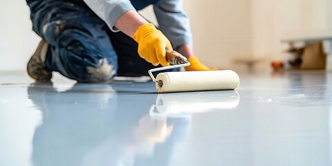 Applying Epoxy Flooring: A worker rolls out epoxy on a smooth, gray floor.
