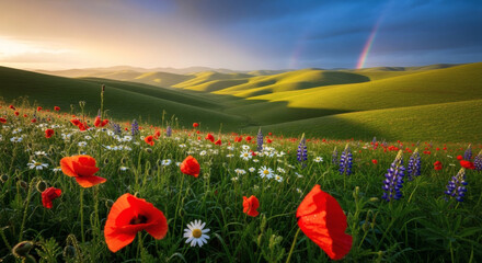 Stunning Rainbow Over Rolling Hills and Vibrant Wildflower Meadow