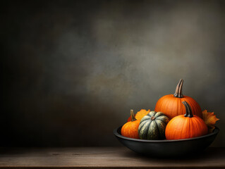 Mixed pumpkins and gourds in a fancy round bowl, on a wooden table