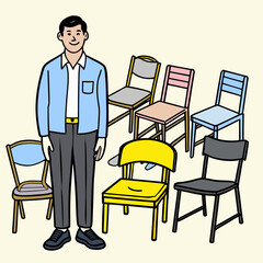 Fototapeta premium Confident man stands amidst a diverse collection of colorful chairs, symbolizing choice, opportunity, or seating solutions for any occasion, ready to make a decision.