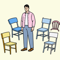 Confident man standing amidst diverse seating options, symbolizing choice, decision making, and unique perspectives in a creative, modern setting, perfect for business concepts.