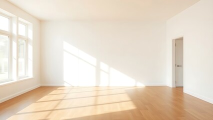 Minimalist living room with clean white walls and warm wood flooring, featuring mid-century modern furniture and soft natural light.