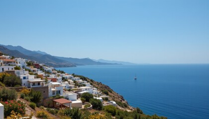 Obraz premium Coastal Village on Hillside Overlooking Sea