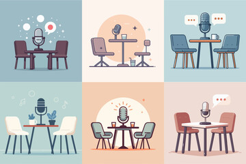 vector illustration of table chair microphone podcast set