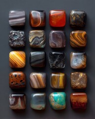 Collection of Polished Stones in Various Colors and Patterns on Dark Background