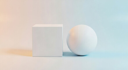 Minimalist 3D Render of White Cube and Sphere on a Pastel Background, Clean Geometric Shapes, Studio Lighting