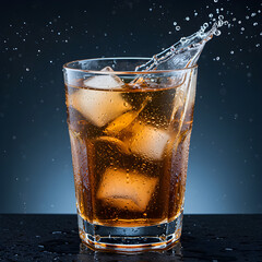 Refreshing drink with ice cubes creating splash, perfect beverage to quench your thirst on a hot day