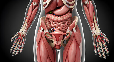 Female anatomy illustration showcasing organs, muscles, skeleton for medical education and research projects