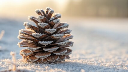 Frosted pine cone on snowy ground in gentle morning light