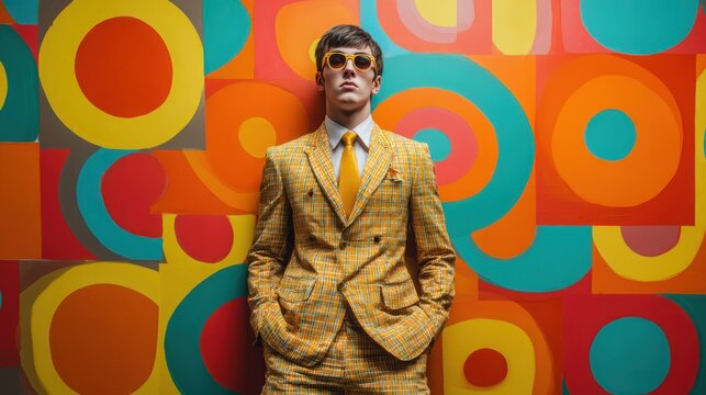 Stylish man wearing a yellow checkered suit and sunglasses posing against a colorful background.