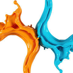 Abstract splash of orange and blue liquid paint colliding in midair, isolated on transparent background