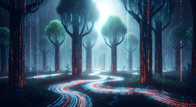 AI-generated art of a futuristic forest with flowing light trails and towering trees