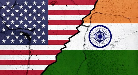 USA and India flags painted on cracked wall, concept of international relations, politics, diplomacy, conflict, and partnership between United States and India
