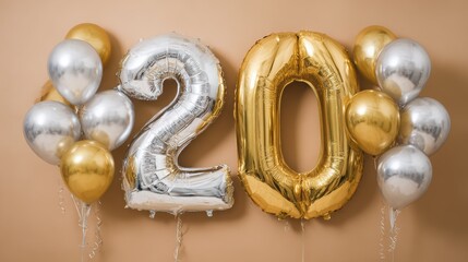 Celebratory balloons shaped as the number '20' displayed with metallic gold and silver balloons.