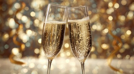 Two glasses of champagne clinking together in a celebratory toast with a blurred background.