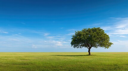 Fototapeta premium Solitary Tree on the Horizon: A vibrant green tree stands tall in a vast grassy expanse under a flawless, bright blue sky, showcasing the serene beauty of nature. 