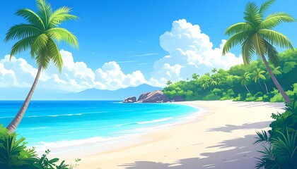 Obraz premium Tropical beach scene with palm trees and a beautiful ocean