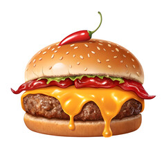 Juicy cheeseburger with spicy red pepper topping transparent background