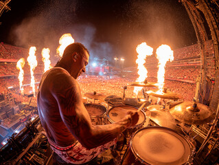 Baterista tocando en un concierto frente a un público extasiado