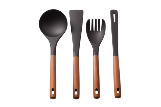 4-Piece Nylon Kitchen Utensil Set with Wooden Handles transparent background png