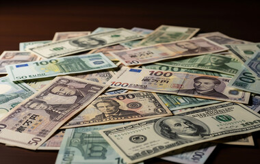 テーブルに広がる世界各国の紙幣：グローバル経済と富を象徴する一枚