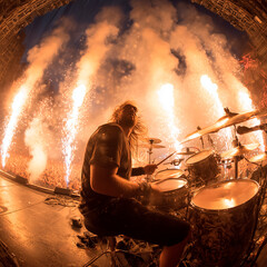 Baterista tocando en un concierto frente a un público extasiado