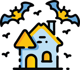 Spooky halloween haunted house icon with flying bats and birds