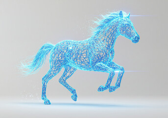 A blue, wireframe horse gallops, depicted as a digital, abstract representation against a soft gray background.