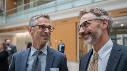 Obraz premium Two executives in formal attire share insights on leadership and business development inside a bright and modern office environment.