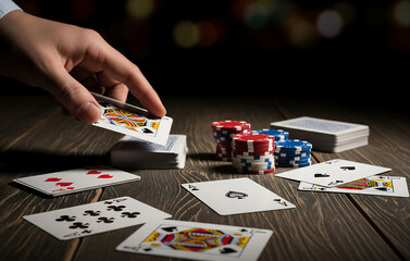 テーブルに並ぶカードとチップ：運命の瞬間を決めるポーカーゲーム