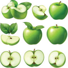 Collection of Green Apples and Slices with whole