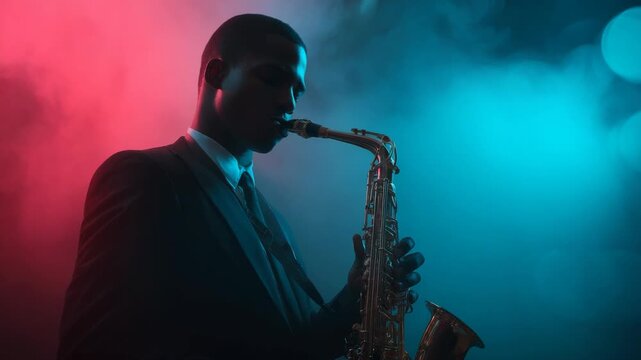 Saxophone player in a suit performing on stage with dynamic red and blue lighting