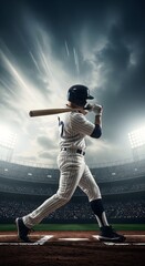 Baseball player in uniform preparing to bat in dramatic stadium lighting, athlete ready for action with bat on shoulder, competitive sports moment under stormy sky