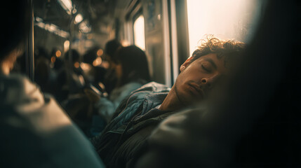 Sleeping commuter on train at sunrise