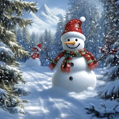 A cheerful snowman in a snowy forest scene.  Snowy landscape with two snowmen, one larger, one smaller, nestled amidst pine trees and a mountain range.  Warm colors.  Festive details