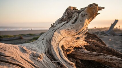 Fototapeta premium Weathered driftwood on serene beach at sunset