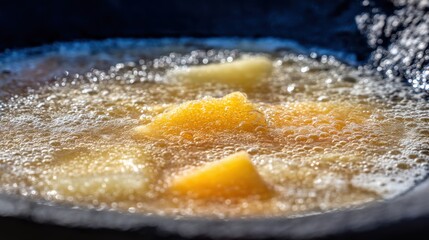 Frying delicious fruit pieces kitchen food preparation indoor close-up cooking technique