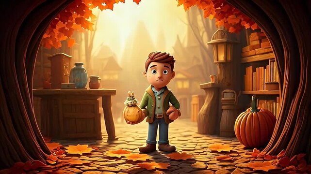 Autumn Adventure: A young, cheerful character stands confidently at the cusp of a fall journey, bag in hand amidst a warm, inviting, cozy setting, evoking the spirit of seasonal change.