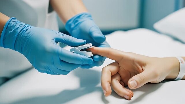 Medical Staff Using Pulse Oximeter on Patient's Finger in Hospital